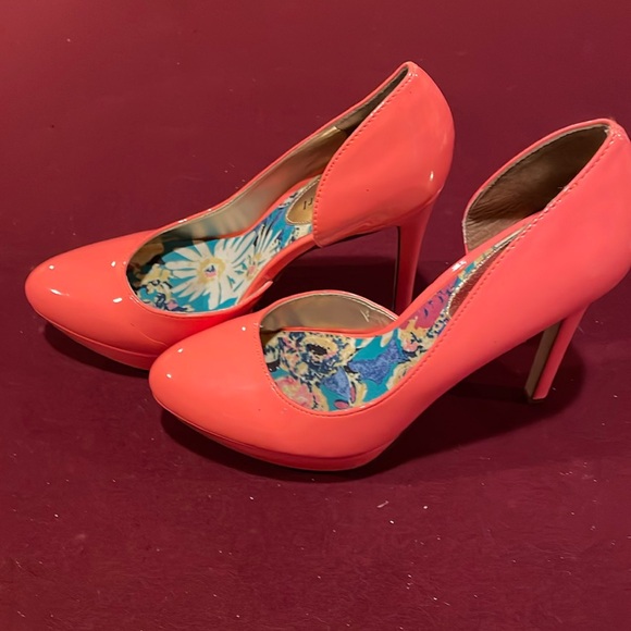 NWOB Madden 7.5M Girl Pink Coral 4 3/4”Heels Platform Open Sided Patent Shoes - Picture 2 of 5